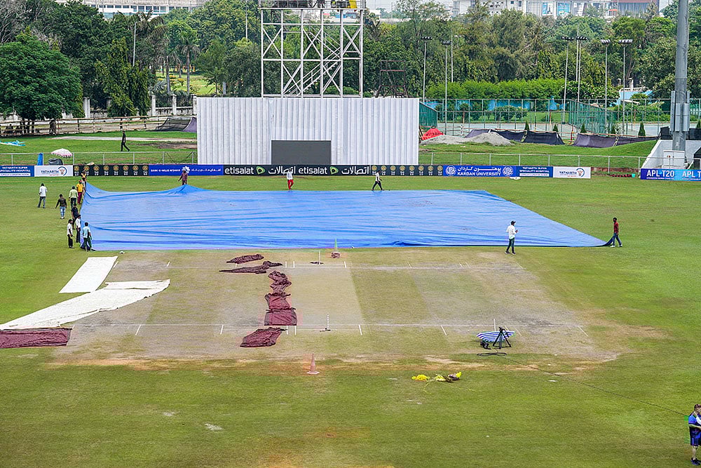 | Photo: PTI/Kamal Kishore : Afghanistan Vs New Zealand Test: Groundsmen remove the cover of the pitch 